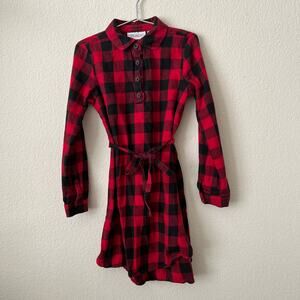 Children's Place long sleeve red black buffalo plaid tie flannel shirt dress